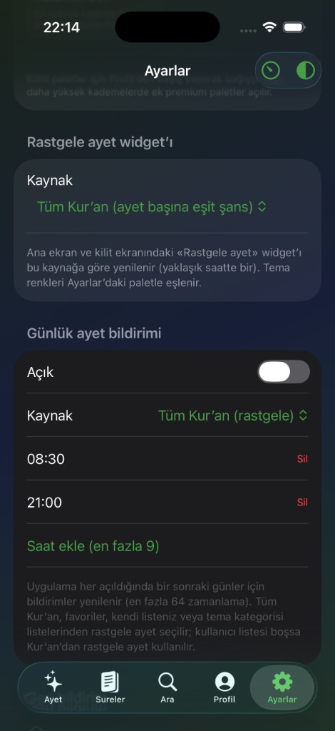 Ayarlar: widget ve bildirimler